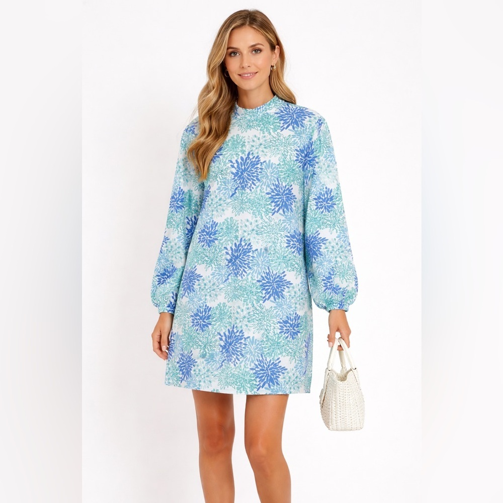 Sail to Sable Blue Green Floral Shift Dress Long Sleeve Size Large resortwear - Picture 9 of 9